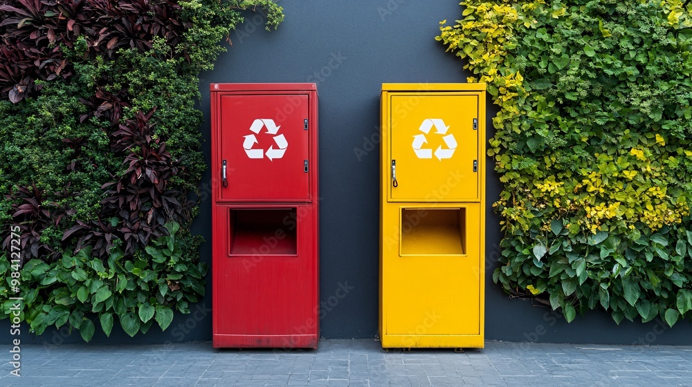 Poster An outdoor trash bin with separate compartments for different recyclable materials. The large recycle icon on the bin ensures that users can easily distinguish where to deposit their recyclable