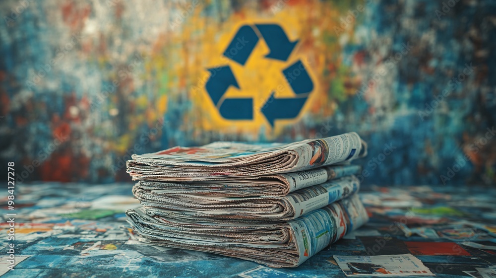 Poster a stack of old newspapers and magazines bundled together for recycling, with a visible recycle symbo