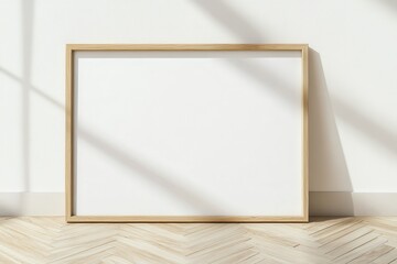 Fototapeta premium A simple, modern scene of a wooden-framed blank canvas lying on a light wood chevron