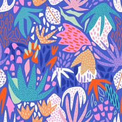 Obraz premium Seamless pattern with abstract tropical leaves, flowers, shapes and textures. Bright artistic vector background
