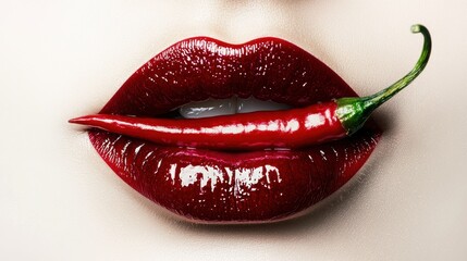 Sultry Red Lips with Chili Pepper on White Background - Perfect for Spicy Advertising Design