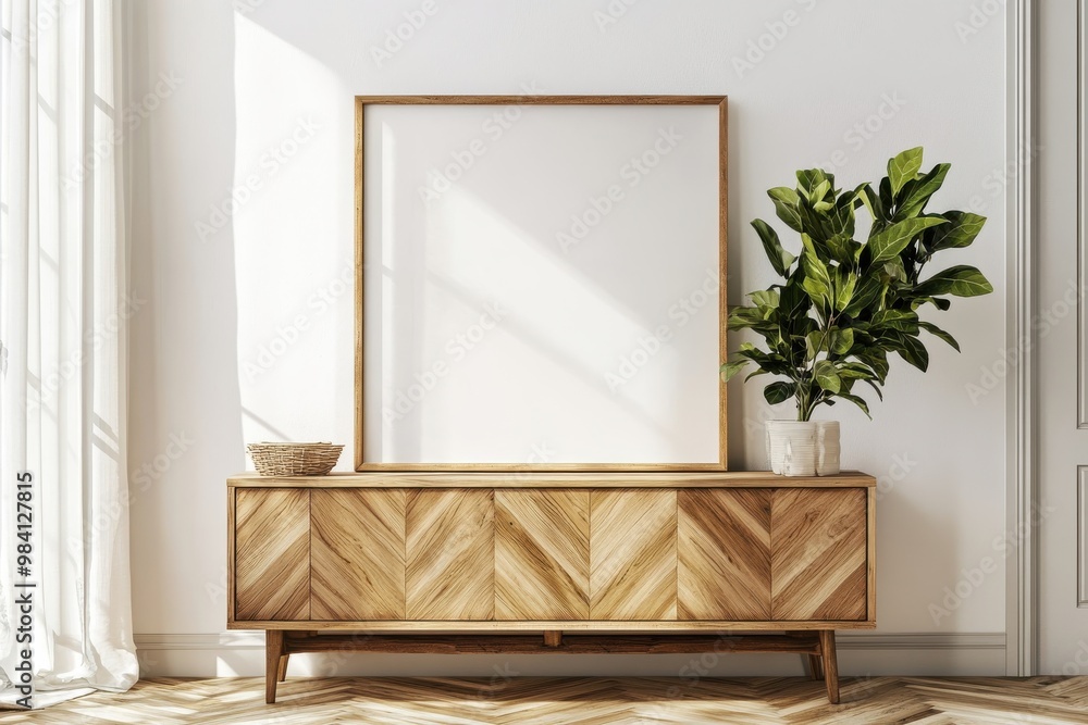 Poster a simple, modern setting with a blank wooden-framed canvas resting on a chevron-patterned