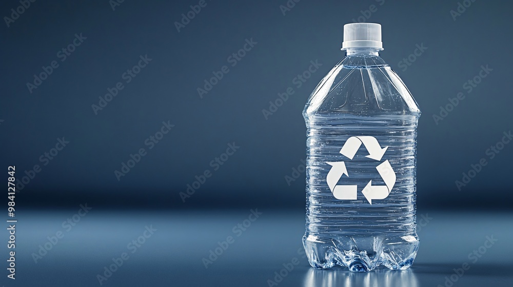 Poster a clear plastic detergent bottle with a large recycle symbol printed on the side. the image draws at
