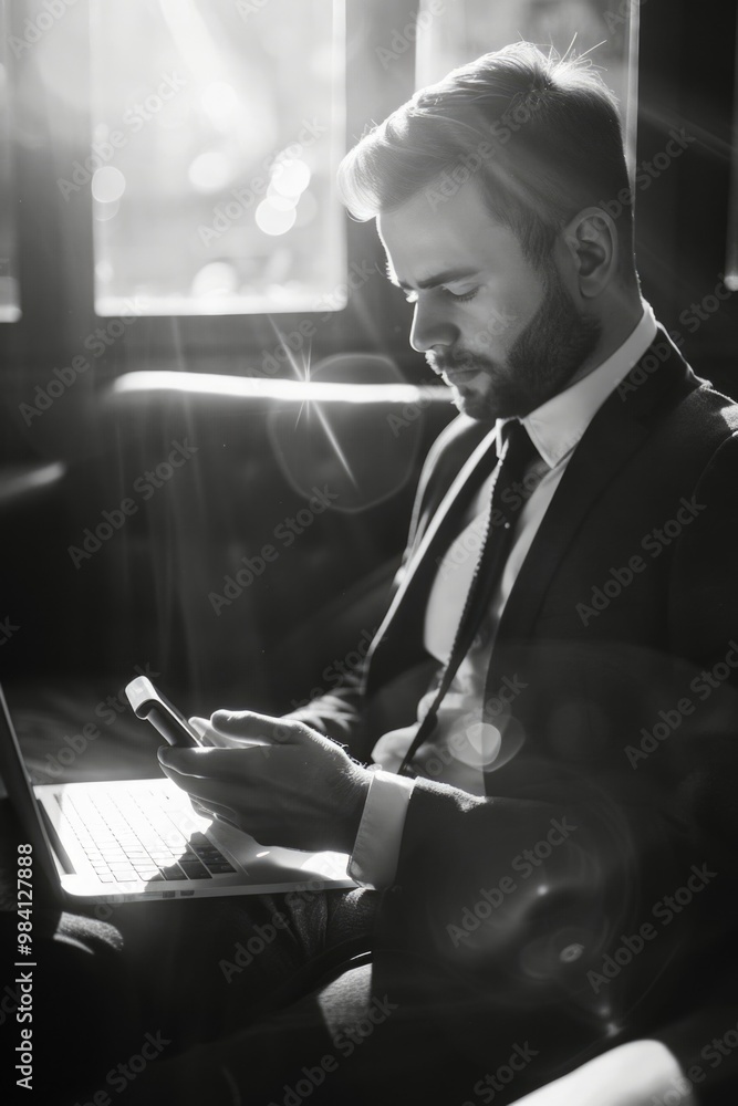Aufkleber young man in suit, beard and tie working on laptop with focused expression, modern cafe setting with