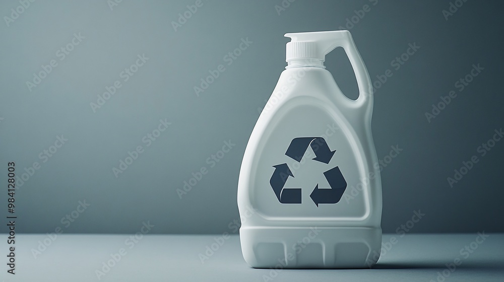 Poster a clear plastic detergent bottle with a large recycle symbol printed on the side. the image draws at
