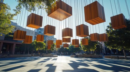 A modern art installation made from suspended wooden elements, creating an interactive shadow play in a public plaza