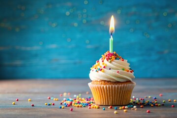 Birthday cupcake with candle, colorful sprinkles set on fire