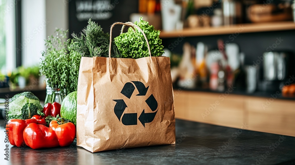 Poster A biodegradable shopping bag with a bold recycle symbol, placed on a countertop. The image emphasizes the importance of choosing materials that decompose naturally and reduce landfill waste. Large