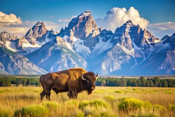 Bison standing in front of Grand Teton Mountains with grass