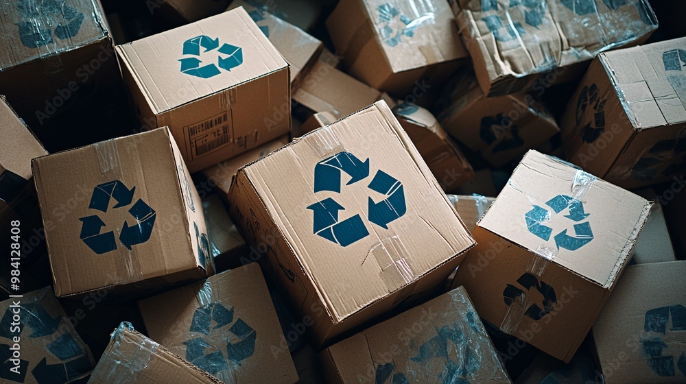 Poster A pile of flattened cardboard boxes with clear recycle symbols on each one. The image promotes the recycling of packaging materials and the importance of reusing resources. Large space for text in