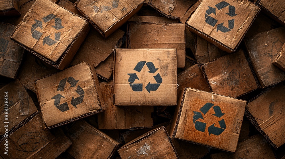 Poster A pile of flattened cardboard boxes with clear recycle symbols on each one. The image promotes the recycling of packaging materials and the importance of reusing resources. Large space for text in