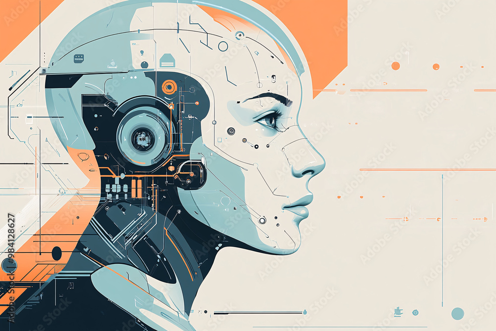 Poster a stylized profile of a female ai with integrated circuit patterns and robotic details in a futurist