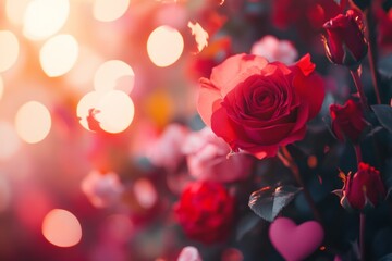A vibrant red rose with a bokeh background of warm, glowing lights, symbolizing love and romance in a floral celebration.