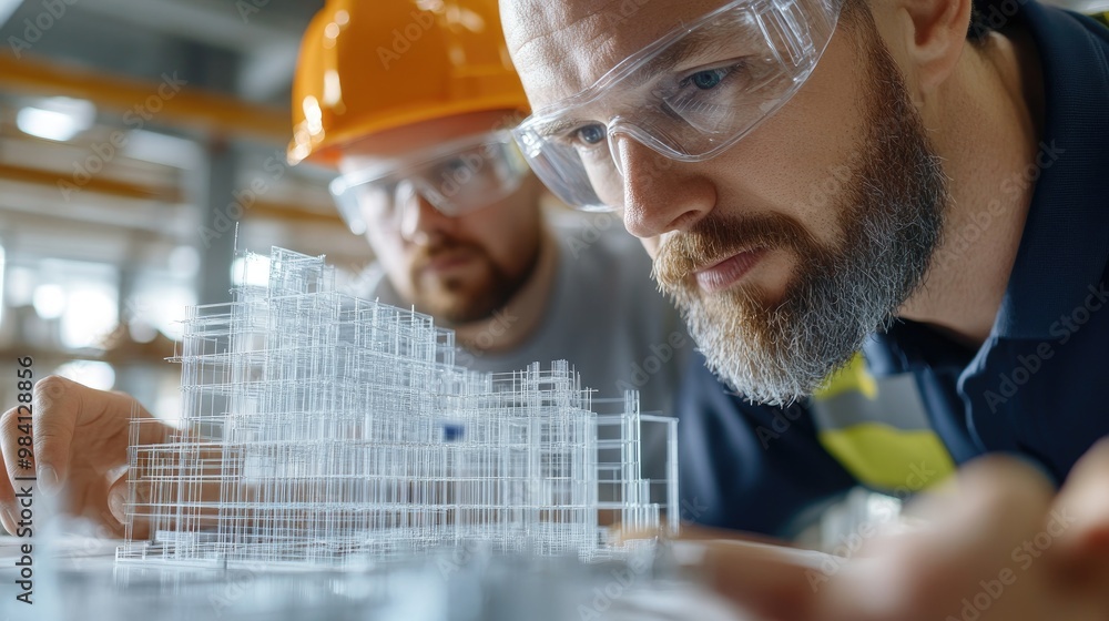 Poster engineers review building model with precision focus