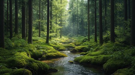 Peaceful forest clearing with soft moss, tall trees