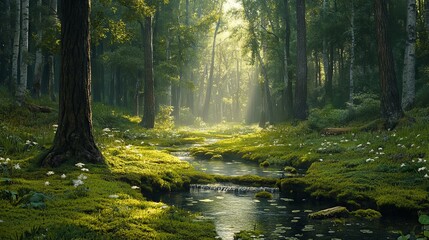 Obraz premium Peaceful forest clearing with soft moss, tall trees