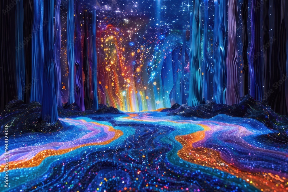 Poster a colorful, glowing forest with a river running through it
