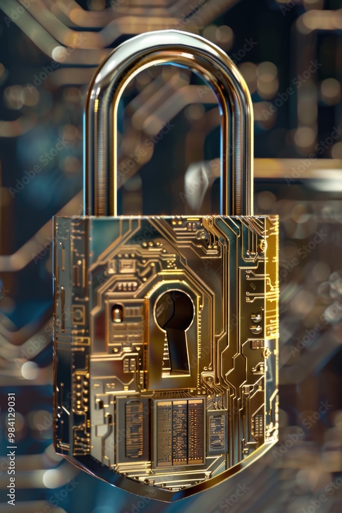 Poster a golden lock with a keyhole on it. the lock is surrounded by a circuit board. the lock is a symbol 