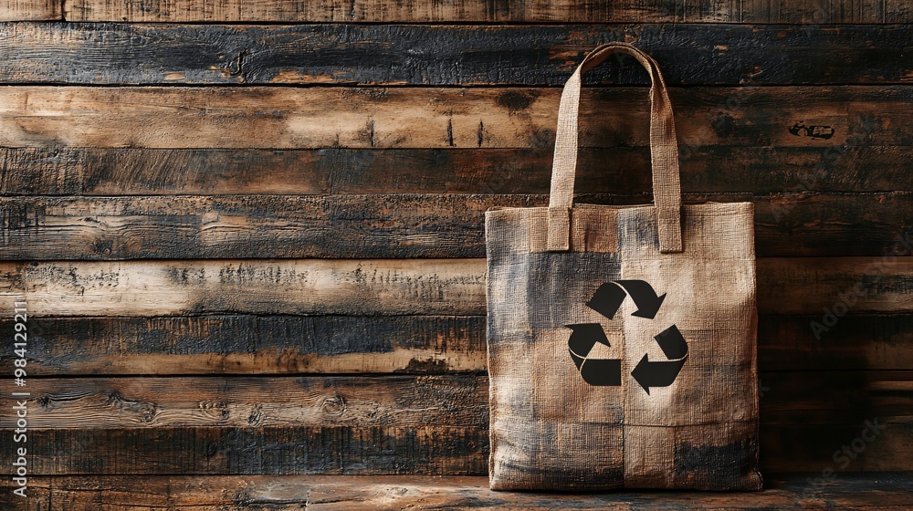 Poster A reusable shopping tote made from recycled materials, featuring a recycle symbol on the side. The image conveys the message of sustainability through using eco-friendly products in everyday life.