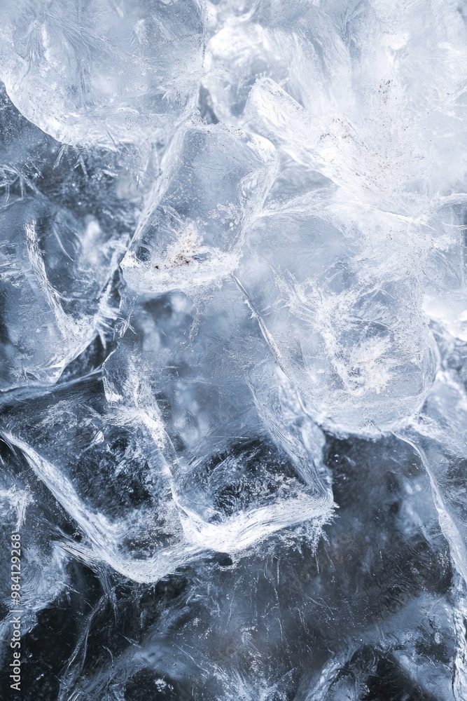 Poster a close up of ice with a blue background. the ice is in various shapes and sizes, and the overall mo