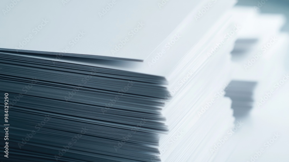 Poster a stack of white papers with a blue border. the stack is piled high and the papers are all the same 