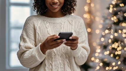 Fototapeta premium young cheerful girl against backdrop of the lake points to phone screen of smartphone. finger smiles laughs Good advertising for walks travel fun girl with fair skin in black clothes beautiful teeth