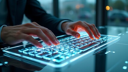 Hands typing on a futuristic transparent keyboard illustrate advanced technology, blending sleek design with functionality for a modern and innovative typing experience.