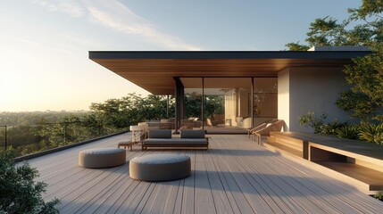 Fototapeta premium A modern house with a wood-accented roof terrace, featuring minimalist furniture and panoramic views of the surrounding nature