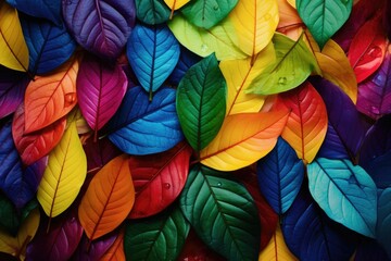 Fototapeta premium Composition of vibrant leaves in rainbow shades on a dark background, creating a dynamic and expressive effect with textured details. 