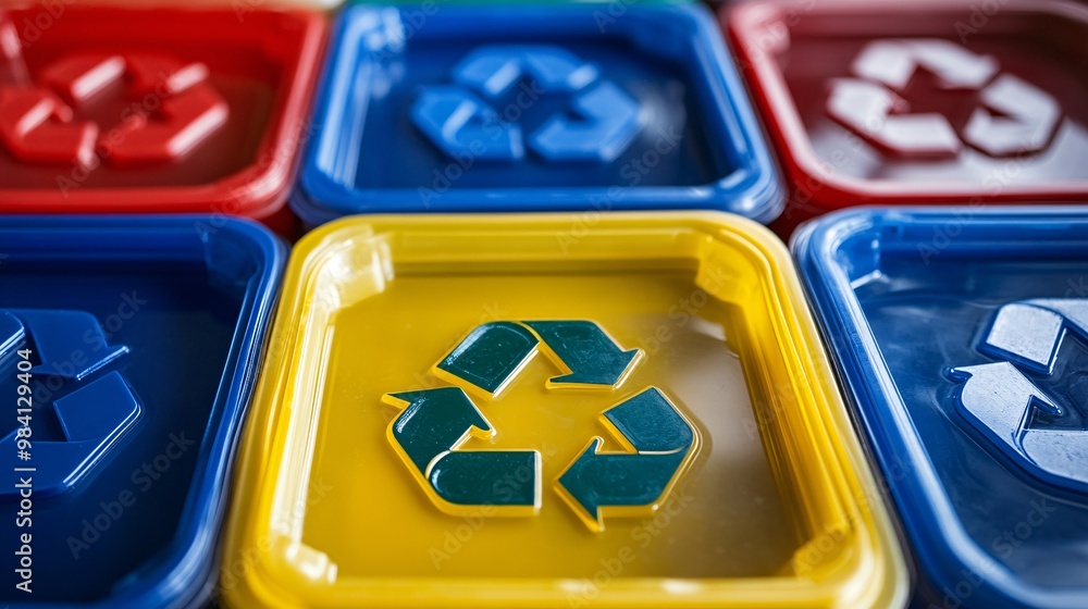 Poster a plastic lunchbox with a recycle symbol molded into the lid. the image encourages the recycling of 