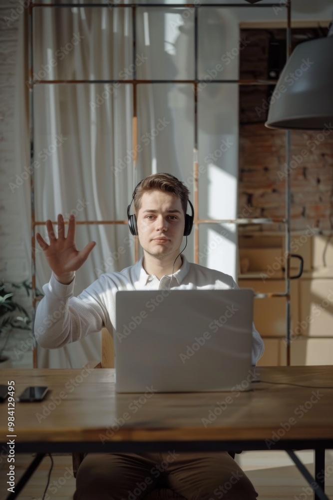 Canvas Prints A man wearing headphones is waving at the camera while sitting at a desk with a laptop. Concept of focus and productivity, as the man is likely working on a task or project