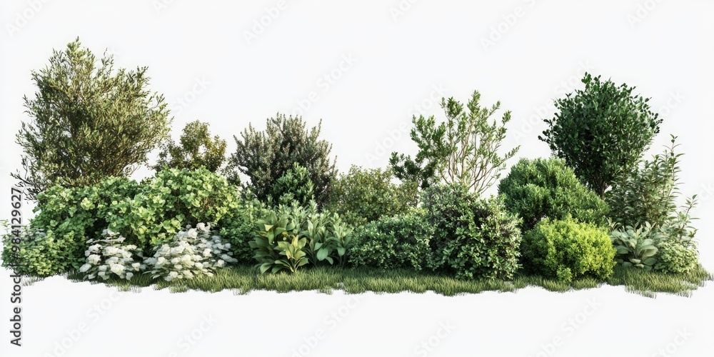 Poster a row of trees with some bushes in between. the trees are green and the bushes are also green