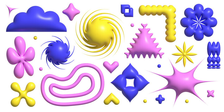 Y2k abstract 3d brutalist shape set, funky groovy flowers, cute minimal sticker kit, stars, wavy irregular objects. Brutal geometric flat basic forms, colorful futuristic design graphic. Brutalism