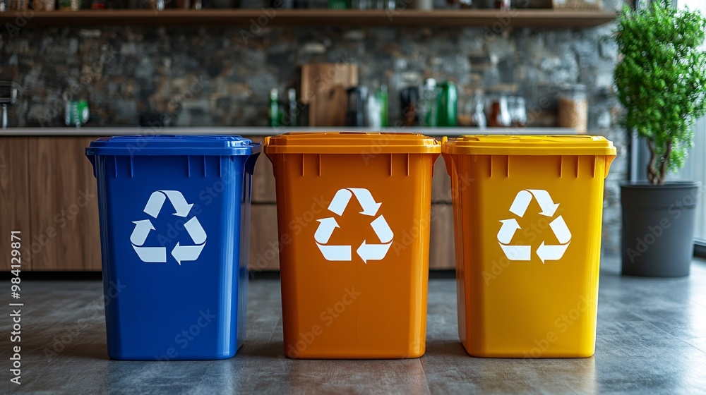Poster A modern kitchen scene with a recycle bin prominently displaying a recycle symbol, placed next to regular trash bins. The image promotes the importance of recycling in daily household routines. Large