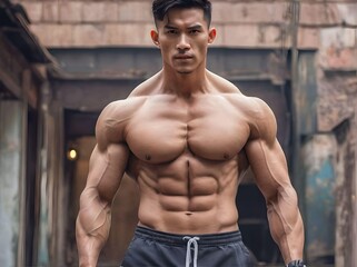 Big Shirtless Muscular Asian Bodybuilder Wearing Shorts and Looking at Camera in The Outdoors
