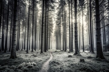 Black and white forest landscape with depth of field