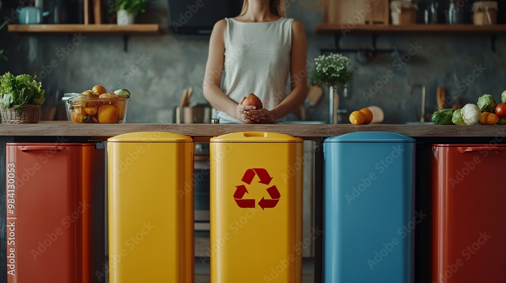 Poster A modern kitchen scene with a recycle bin prominently displaying a recycle symbol, placed next to regular trash bins. The image promotes the importance of recycling in daily household routines. Large