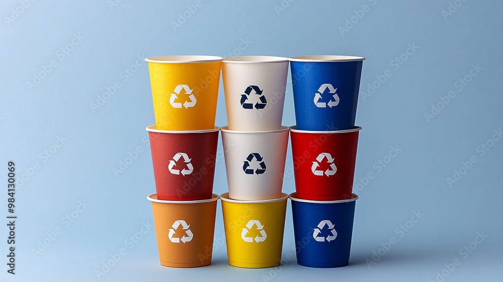 Poster A stack of plastic cups with recycle symbols printed on the sides. The image encourages the use of recyclable plastic products to minimize waste in the environment. Large space for text in center