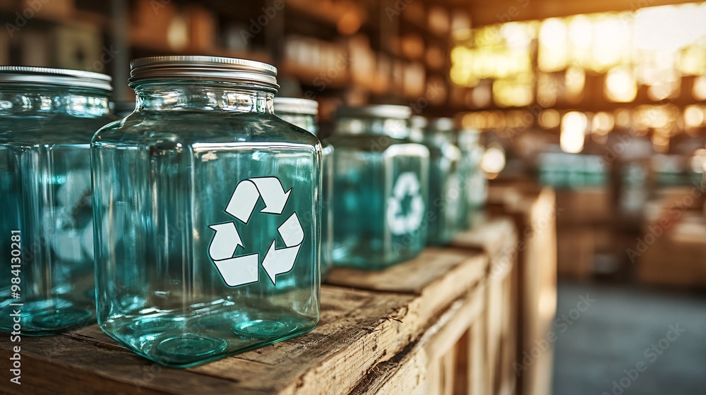 Poster a stack of glass jars, each featuring a recycle symbol on the lid, highlighting the recyclability of