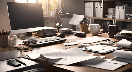 Cluttered office with papers  
