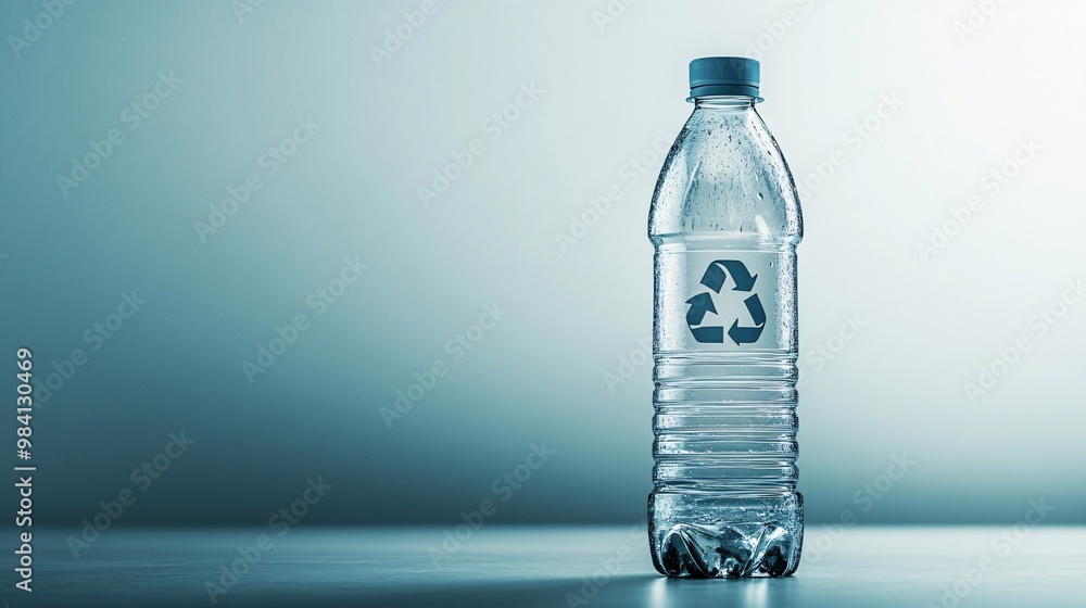 Poster a clear plastic water bottle with a recycle symbol on its label. photorealistic image isolated on a 