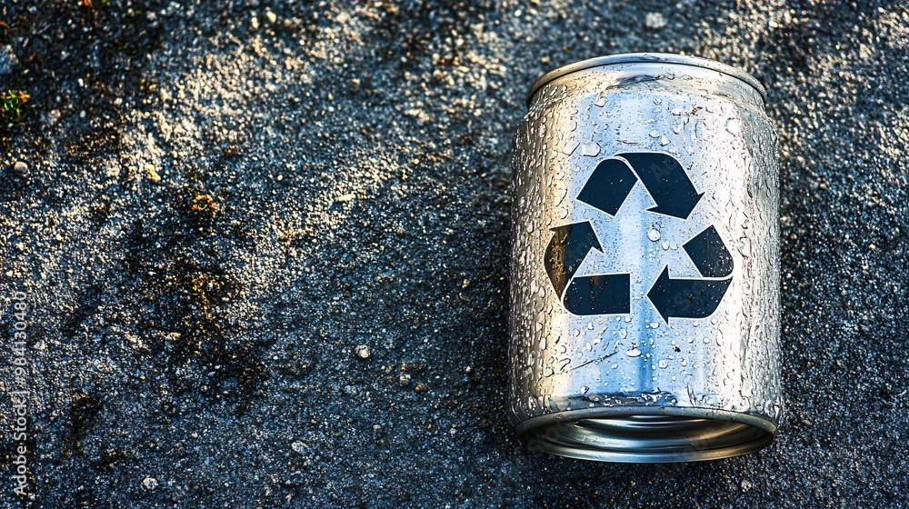 Aufkleber an aluminum drink can featuring a recycle symbol embossed on the surface. photographed from above, s