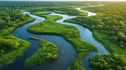 River delta with winding waterways and lush vegetation