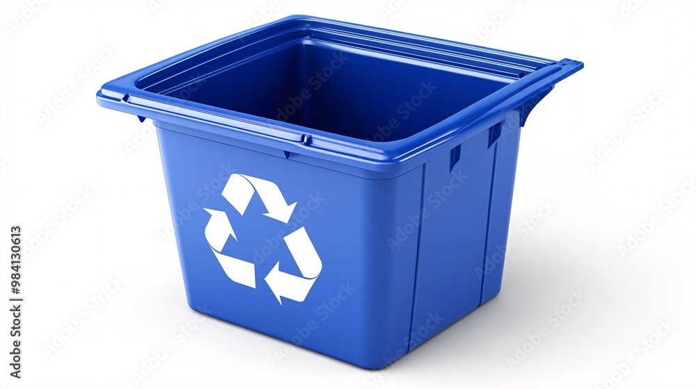 Poster a bright blue recycling bin with a prominent recycle symbol on the front. photorealistic image from 