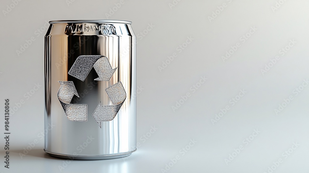 Fototapete an aluminum can flattened and placed on a white background, showcasing a clear recycle icon on the c