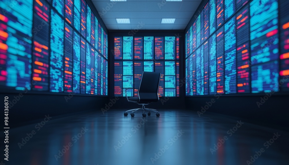 Poster modern data center with multiple screens and an empty chair.