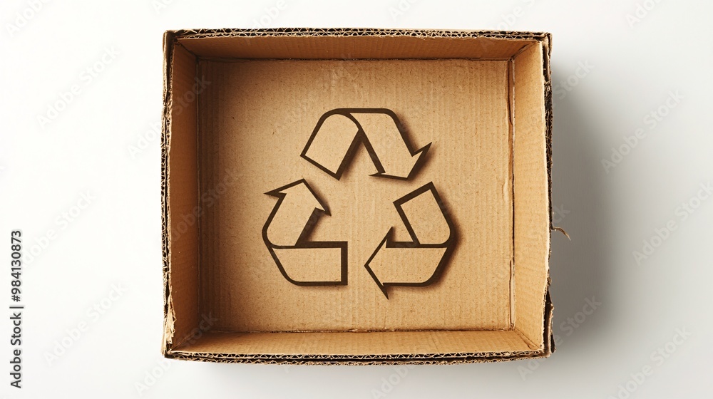Poster A corrugated cardboard box opened with a recycle symbol printed inside. Photorealistic image from a top-down perspective, isolated on white. Large space for text in center Stock Photo with copy space