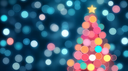 abstract christmas lights. christmas tree made of colorful bokeh lights with star on top against blue bokeh background. festive wallpaper, backdrop, banner. card