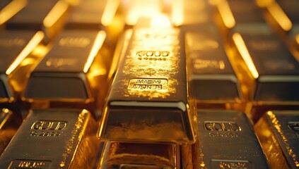 Stack of gold bars with a warm golden light shining on them.