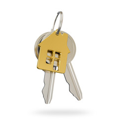 Metallic key with gold keychain in shape of house isolated on white background, 3d render